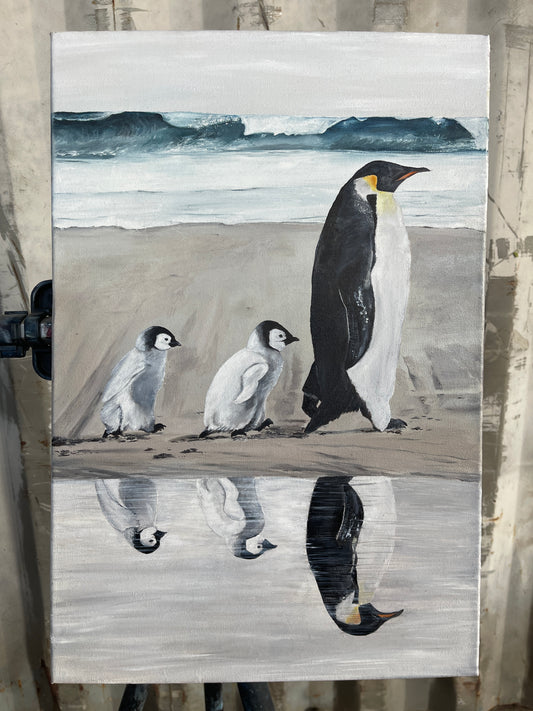 Daddy's Footsteps (Baby and adult emperor penguins) - Oil on canvas