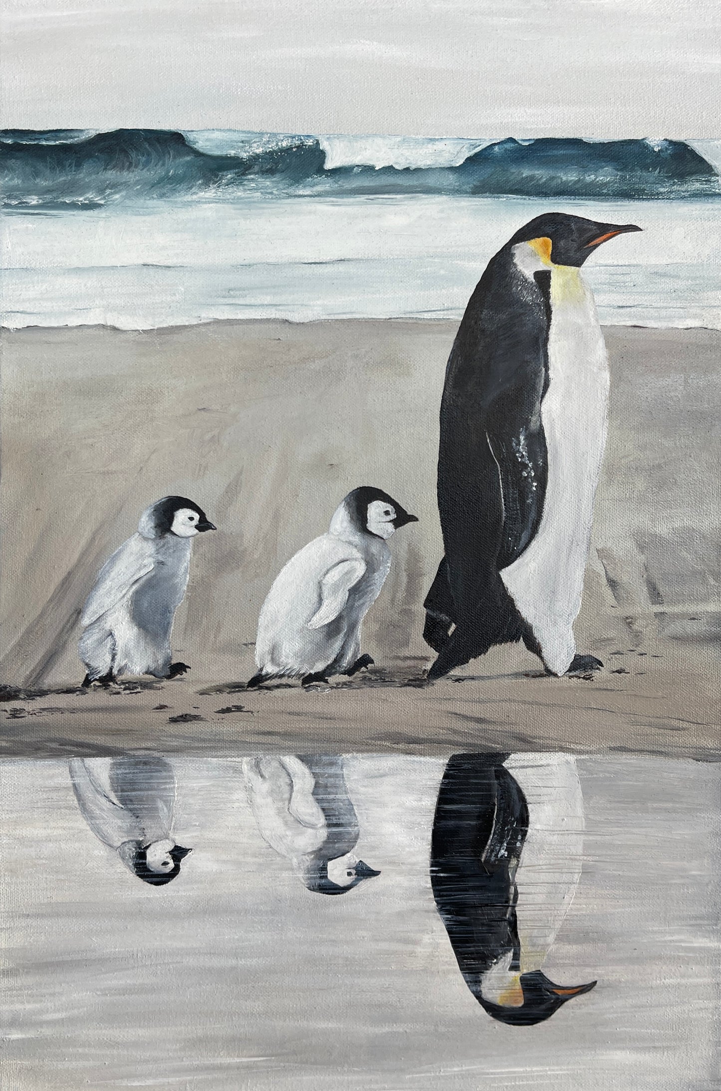 Daddy's Footsteps (Baby and adult emperor penguins) - Oil on canvas