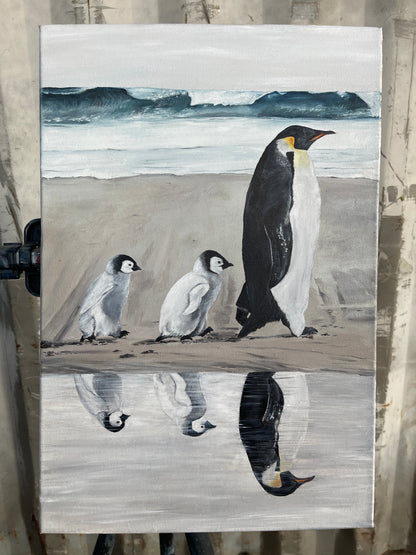 Daddy's Footsteps (Baby and adult emperor penguins) - Oil on canvas